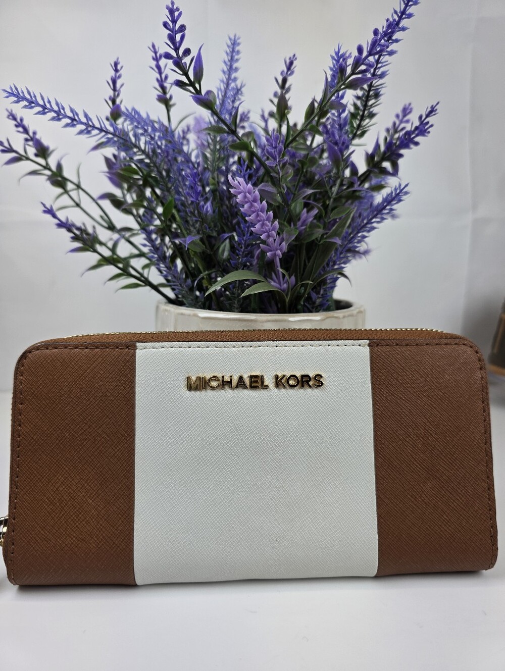 Michael Kors Brown and White Zip Wallet